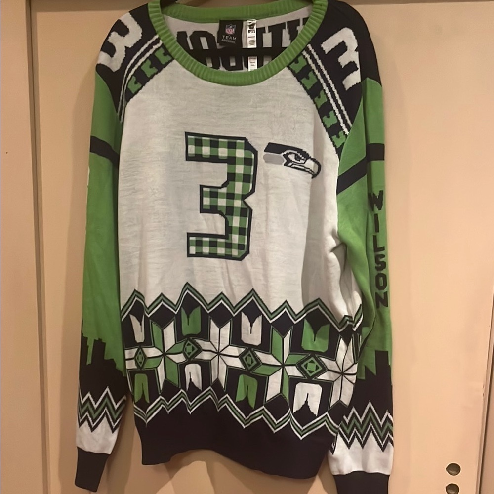Seattle Seahawks Green and Blue #3 Wilson Sweater SZ XL